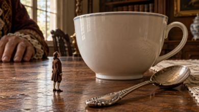 Winziger Reisender neben einer riesigen Teetasse und einem Löffel – Symbolbild für brobdingnagische Größenverhältnisse [Bildinhalt mit KI erstellt]