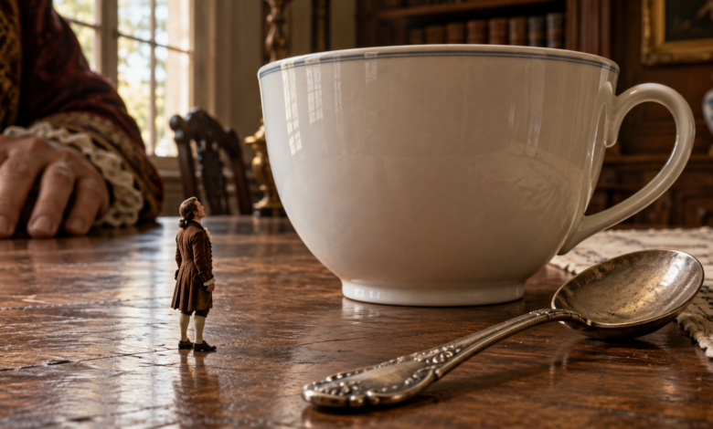 Winziger Reisender neben einer riesigen Teetasse und einem Löffel – Symbolbild für brobdingnagische Größenverhältnisse [Bildinhalt mit KI erstellt]