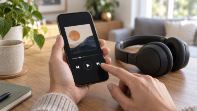 Eine Person tippt auf die Taste für den nächsten Song auf einem Smartphone; daneben liegen Kopfhörer. [Bildinhalt mit KI erstellt]
