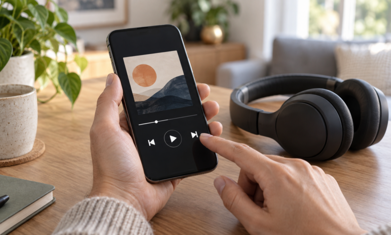 Eine Person tippt auf die Taste für den nächsten Song auf einem Smartphone; daneben liegen Kopfhörer. [Bildinhalt mit KI erstellt]