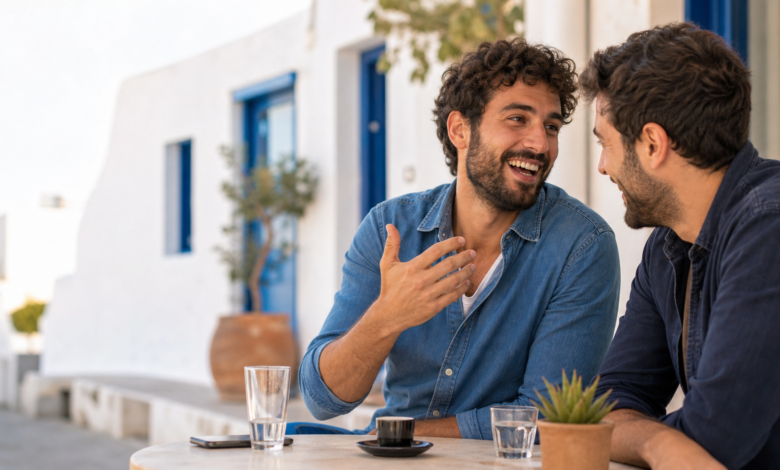 Malaka Bedeutung – zwei Freunde im Gespräch in einem griechischen Café [Bildinhalt mit KI erstellt]
