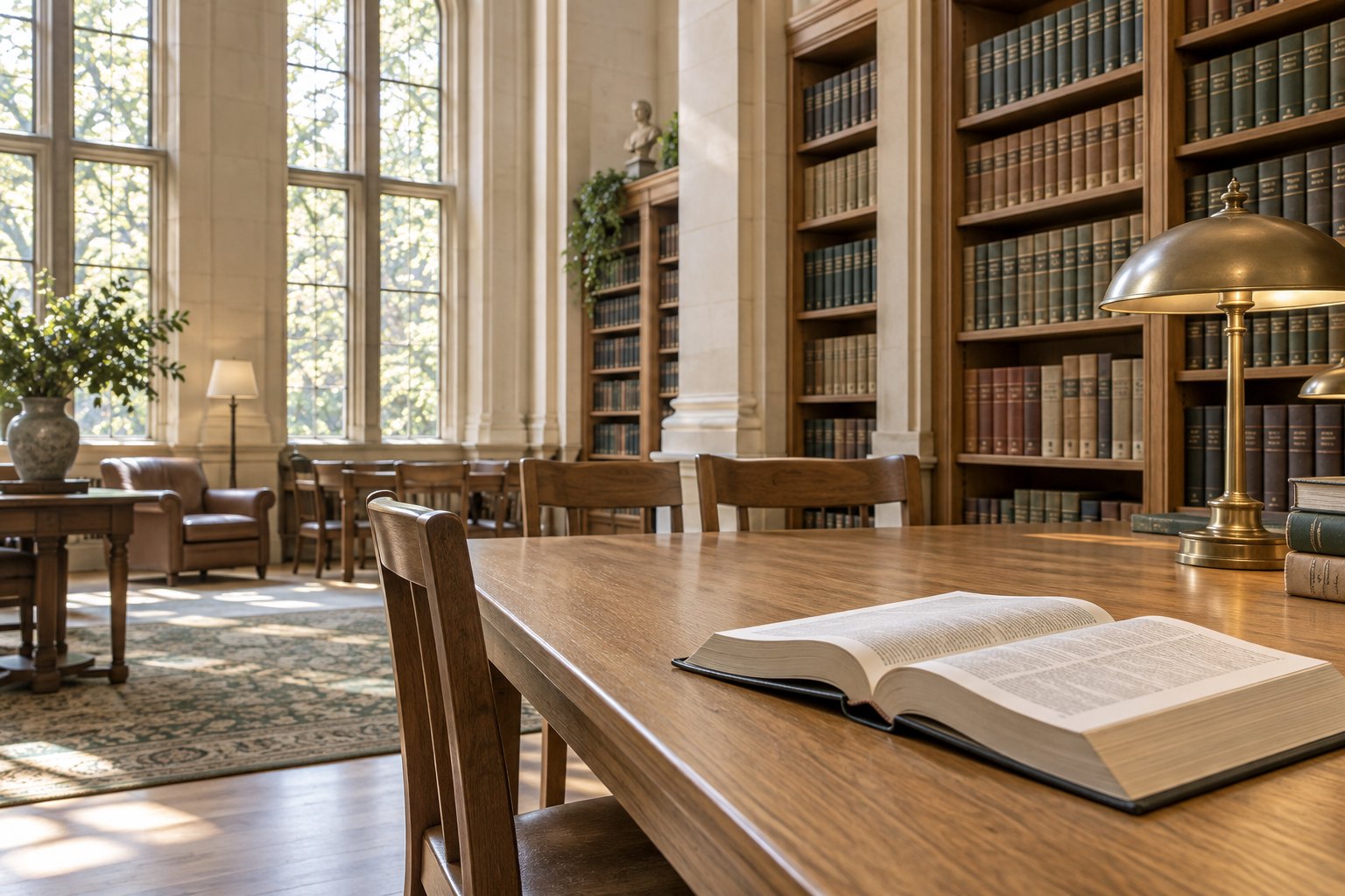 Heller Lesesaal mit Bücherregalen und einem geöffneten Nachschlagewerk [Bildinhalt mit KI erstellt]