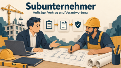 Subunternehmer und Hauptunternehmer besprechen Baupläne auf einer Baustelle [Bildinhalt mit KI erstellt]