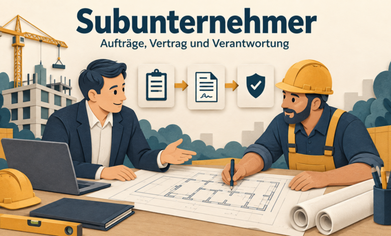 Subunternehmer und Hauptunternehmer besprechen Baupläne auf einer Baustelle [Bildinhalt mit KI erstellt]