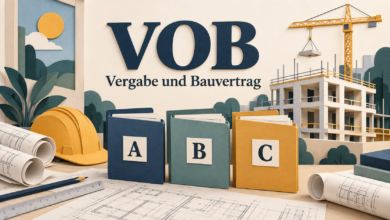 VOB Bedeutung: Baustelle mit Bauplänen und drei Ordnern für die Teile A, B und C [Bildinhalt mit KI erstellt]