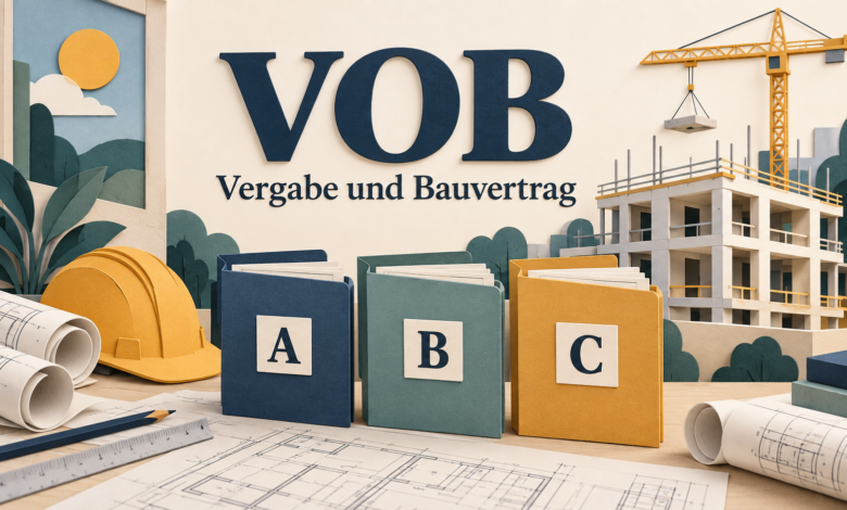 VOB Bedeutung: Baustelle mit Bauplänen und drei Ordnern für die Teile A, B und C [Bildinhalt mit KI erstellt]