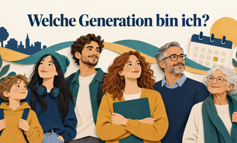 Welche Generation bin ich? Illustration mit Menschen verschiedener Altersgruppen und einem Kalender [Bildinhalt mit KI erstellt]