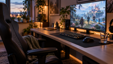 Leerer Gaming-Stuhl vor Tastatur und laufendem Spiel als Symbol für AFK [Bildinhalt mit KI erstellt]