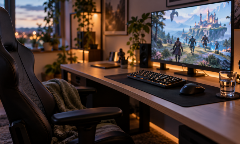 Leerer Gaming-Stuhl vor Tastatur und laufendem Spiel als Symbol für AFK [Bildinhalt mit KI erstellt]